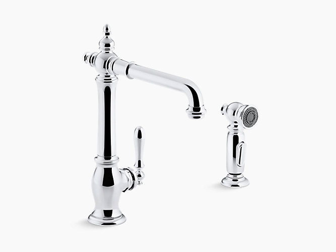artifacts 2 hole kitchen sink faucet with 13 1 2 swing spout and matching finish two function sidespray with sweep and berrysoft spray victorian